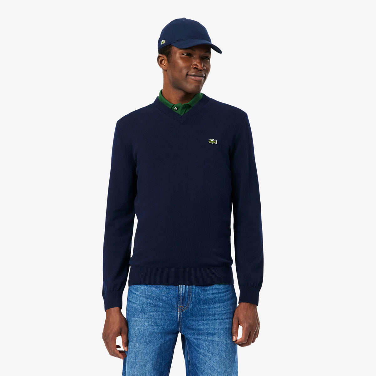 Jersey de cuello de pico de algodón azul