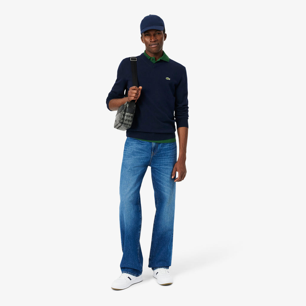 Jersey de cuello de pico de algodón azul