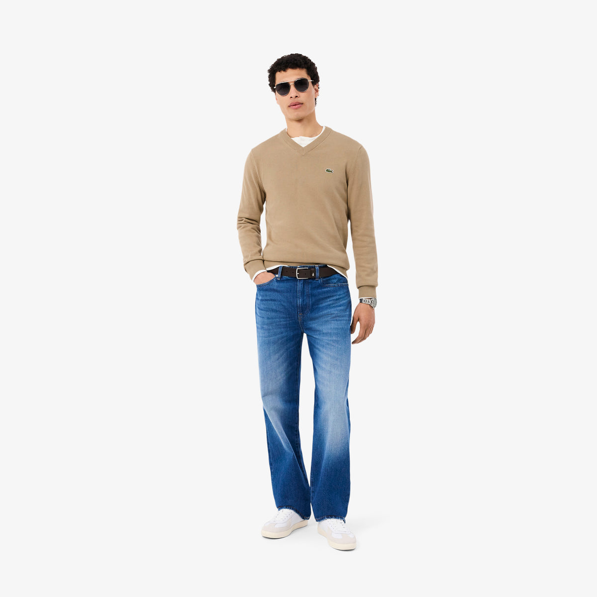 Jersey de cuello de pico de algodón castaño